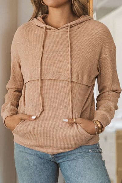 Waffle-Knit Drawstring Kangaroo Pocket Hoodie