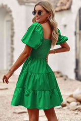 Balloon Sleeve Square Neck Smocked Midi Dress