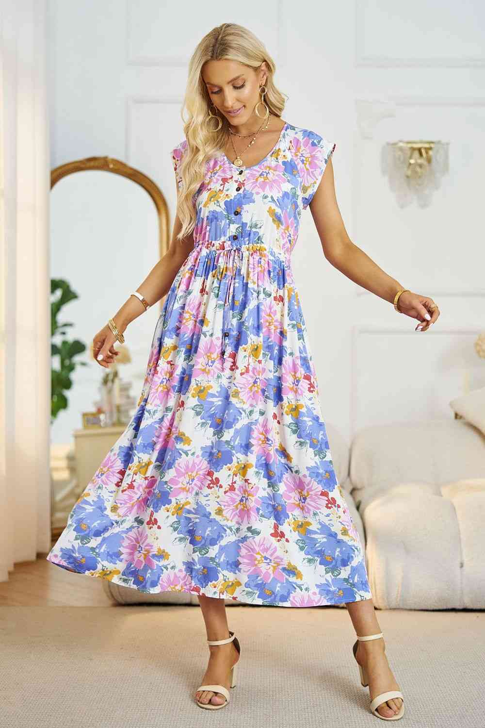 Floral V-Neck A-Line Midi Dress