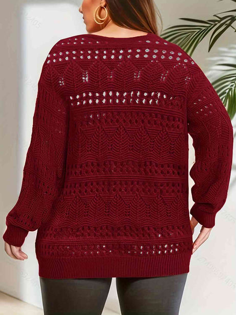 Plus Size Openwork Plunge Long Sleeve Sweater