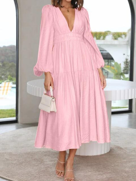 Deep V-Neck Balloon Sleeve Plain Maxi Dress