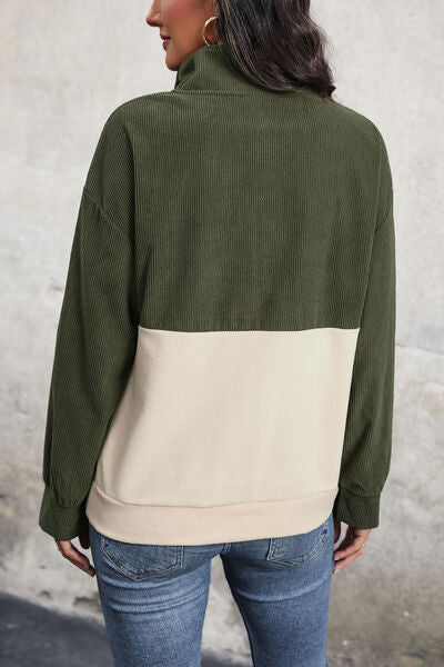 Ribbed Color Block Half Button Sweatshirt