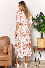 Double Take Printed Surplice Balloon Sleeve Dress