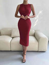 Round Neck Tie Back Slit Sleeveless Dress