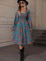 Printed Square Neck Flounce Sleeve Dress