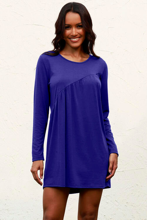 Ruched Round Neck Long Sleeve Dress