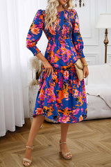 Printed Smocked Lantern Sleeve Ruffled Dress