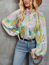 Printed Mock Neck Balloon Sleeve Shirt