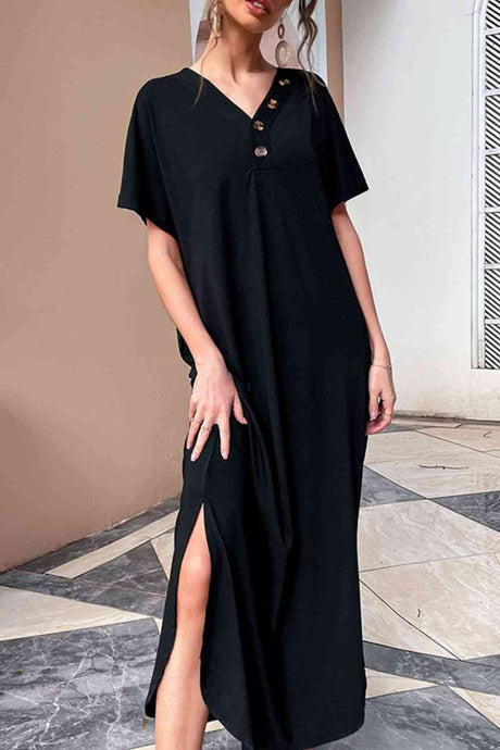 Decorative Button V-Neck Slit Maxi Dress