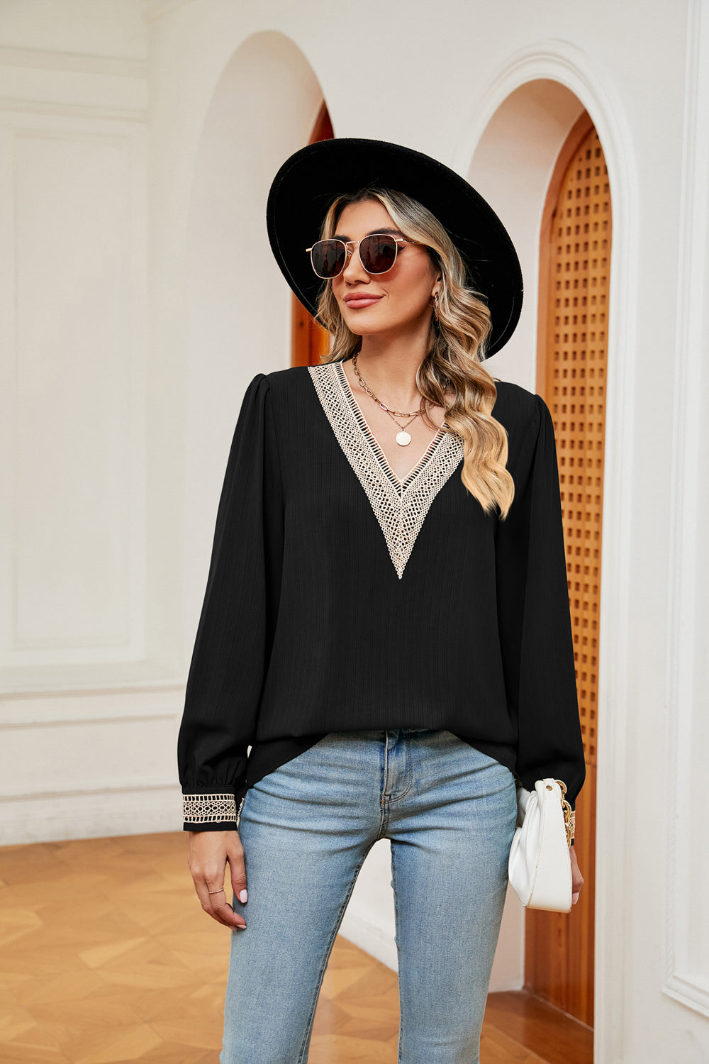 Contrast Puff Sleeve Blouse