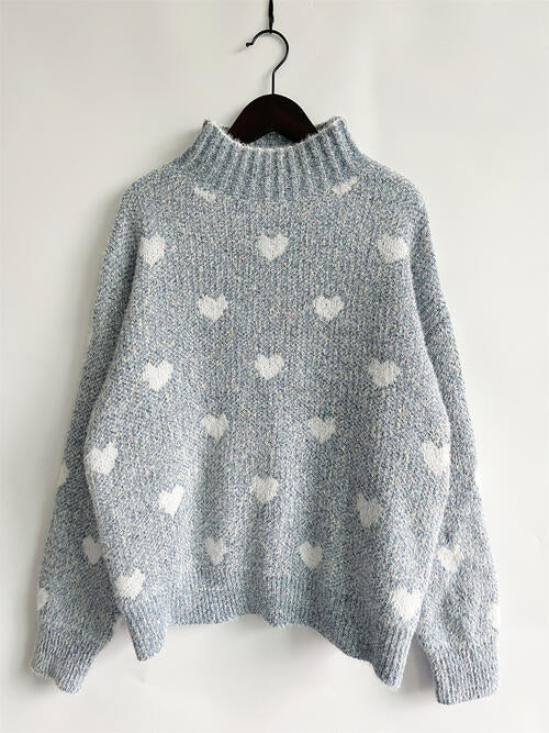 Heart Heathered Turtleneck Drop Shoulder Sweater