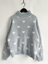 Heart Heathered Turtleneck Drop Shoulder Sweater