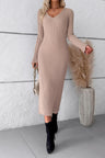 V-Neck Long Sleeve Ribbed Sweater Dress