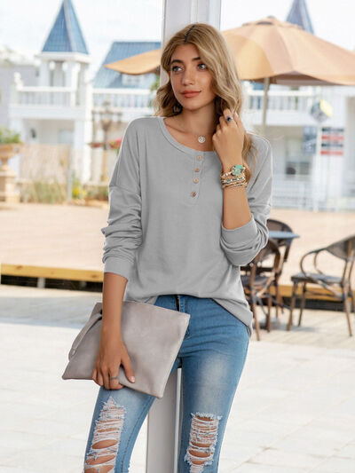 Quarter Button Round Neck Dropped Shoulder T-Shirt