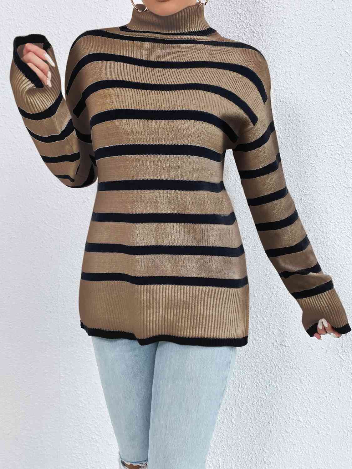 Striped Turtleneck Drop Shoulder Sweater