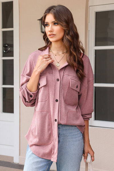 Button Up Pocketed Dropped Shoulder Jacket