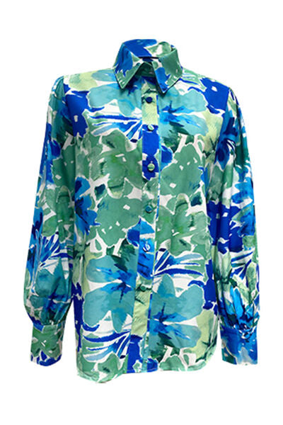 Printed Button Up Lantern Sleeve Shirt