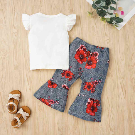 Graphic Tie Hem Top and Floral Flare Pants Set