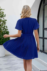 Surplice Neck Tie Waist Flutter Sleeve Pleated Dress