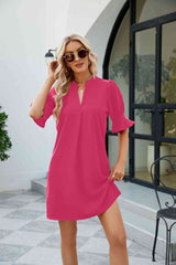 Notched Neck Flounce Sleeve Mini Dress