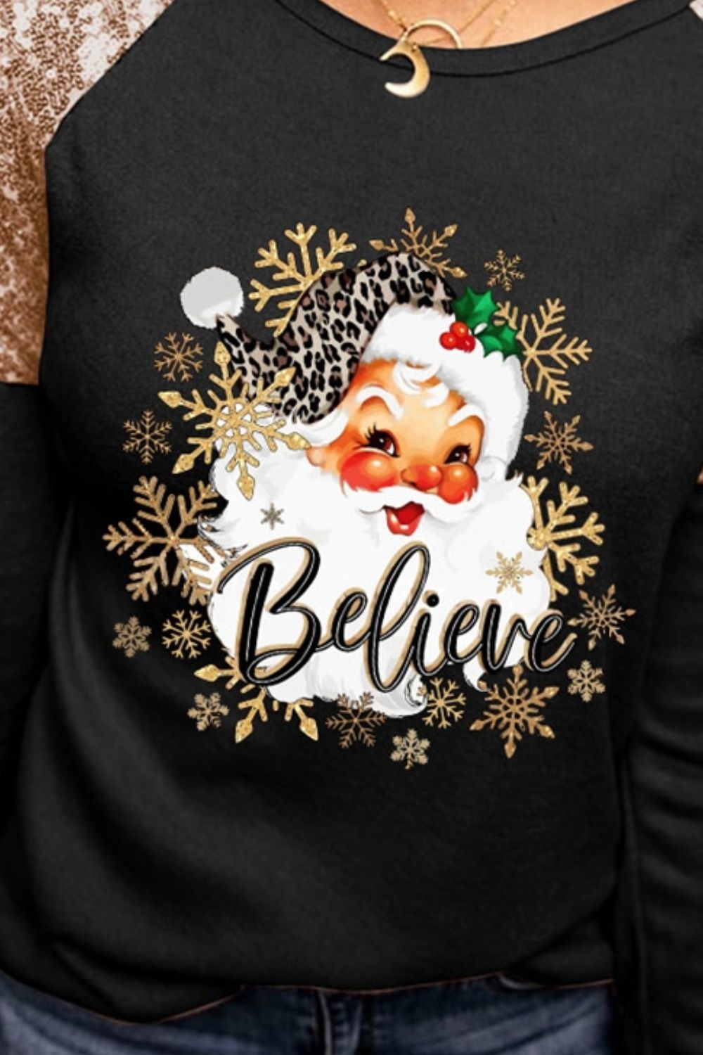 BELIEVE Sequin Long Sleeve Round Neck Blouse