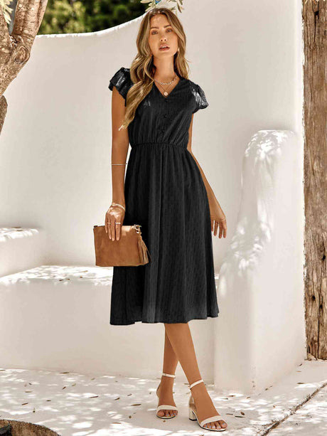 V-Neck Flutter Sleeve Midi Dress