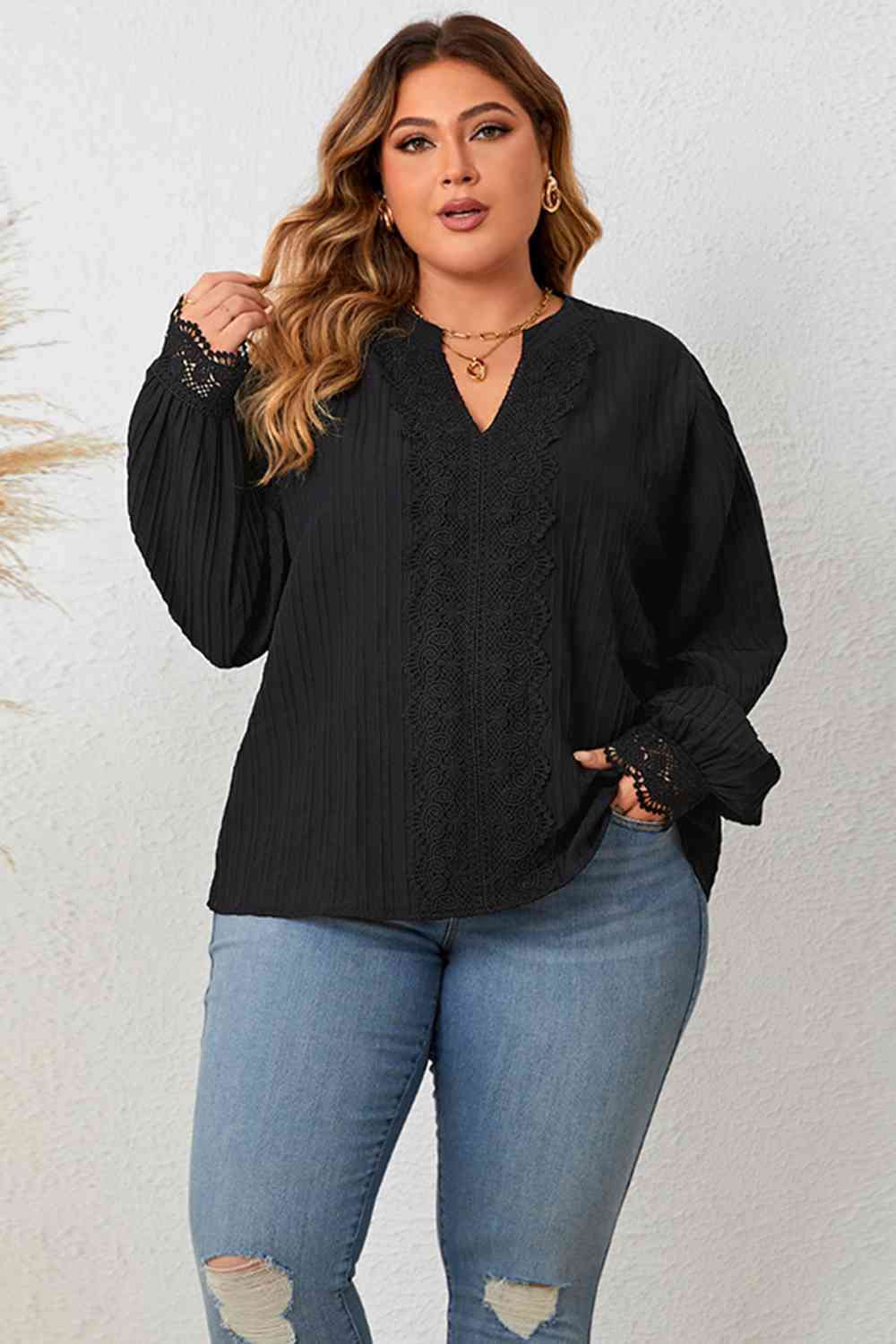 Plus Size Notched Neck Lace Detail Blouse