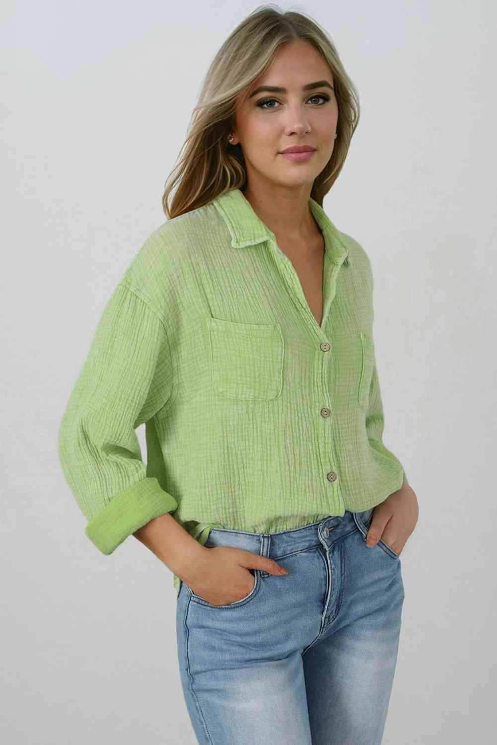 Mineral Wash Crinkle Textured Chest Pockets Shirt