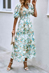 V-Neck Balloon Sleeve Smocked Midi Dress