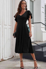 Flutter Sleeve Surplice Midi Dress