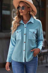 Double Take Waffle Knit Button Front Shirt with Breast Pockets