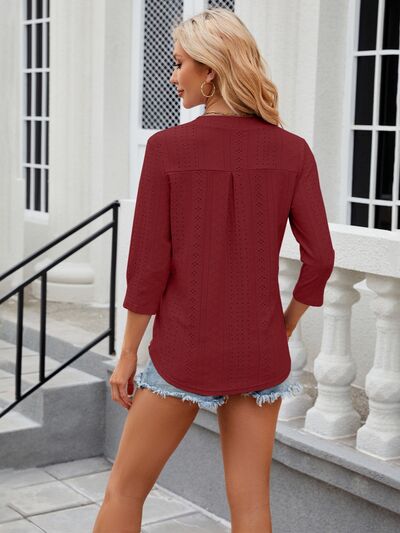 Eyelet Notched Three-Quarter Sleeve Blouse