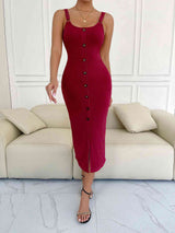 Decorative Button Slit Scoop Neck Sleeveless Dress