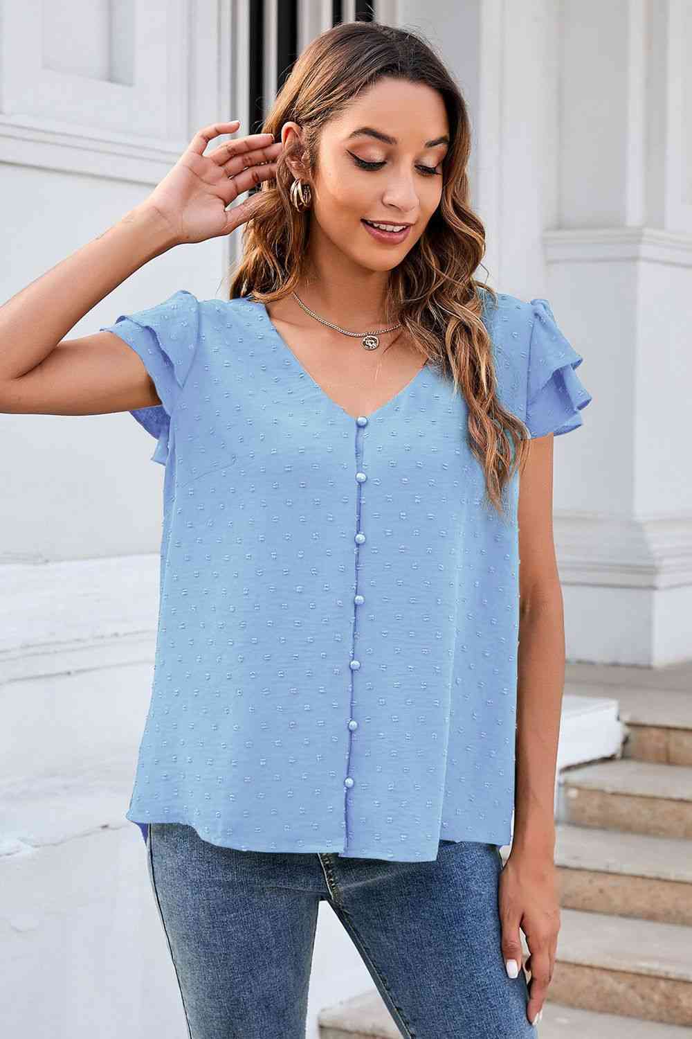 Swiss Dot Layered Flutter Sleeve Shirt