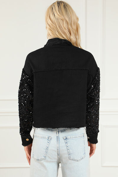 Sequin Button Up Raw Hem Denim Jacket