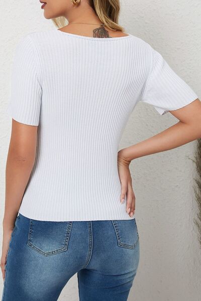 Ribbed Square Neck Short Sleeve Sweater