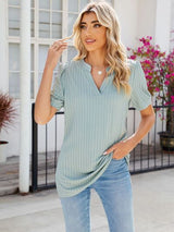 Texture Notched Short Sleeve Blouse