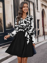 Contrast Notched Tie Front Long Sleeve Dress