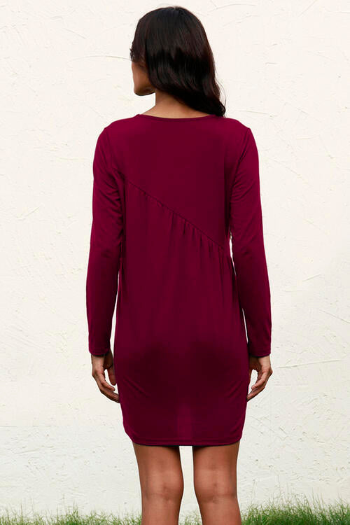 Ruched Round Neck Long Sleeve Dress