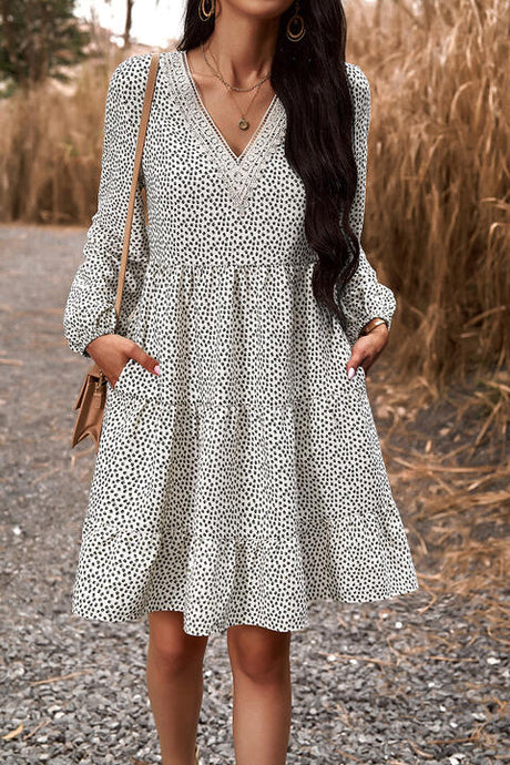 Lace Trim V-Neck Long Sleeve Dress