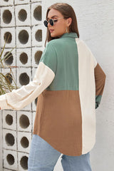 Plus Size Collared Neck Color Block Raw Hem Shirt