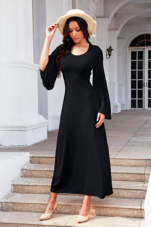 Tie Back Ribbed Round Neck Long Sleeve Dress