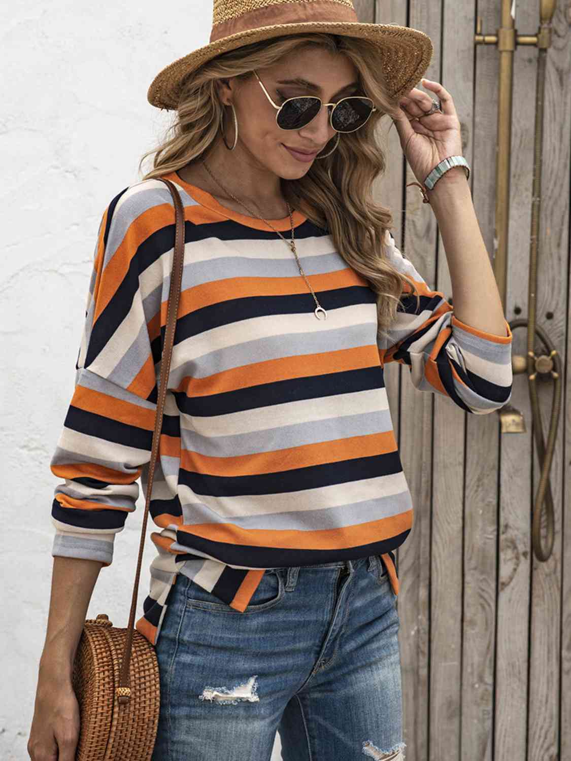 Striped Drop Shoulder Round Neck T-Shirt