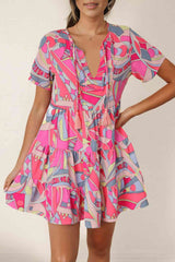 Multicolored Tie Neck Short Sleeve Tiered Dress