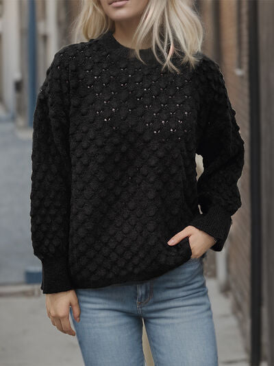 Openwork Round Neck Long Sleeve Sweater