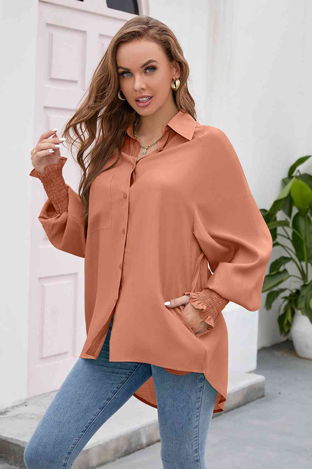 High-Low Collared Neck Lantern Sleeve Shirt