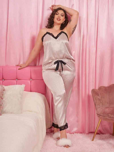Plus Size Vertical Stripe Lace Trim Cami and Pants Pajama Set