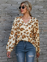 Leopard V-Neck Decorative Button Long Sleeve Blouse