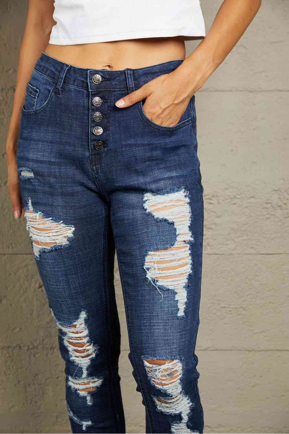 Baeful Distressed Button Fly Raw Hem Jeans