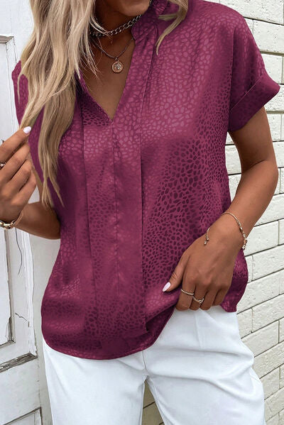 Notched Short Sleeve Blouse